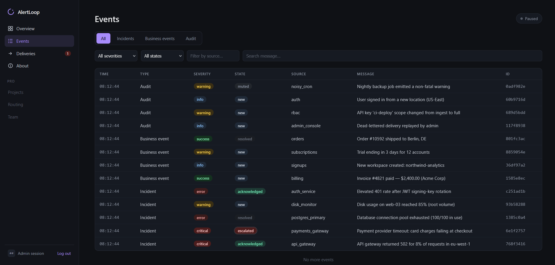 Events: unified list across incidents, business events, and audit.
